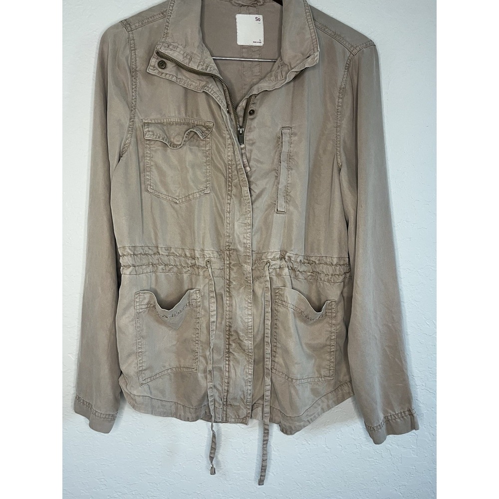 Women's SO Utility Zip/Button Military Jacket , Tan, Large